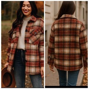 MKT Studio Wool Blend Plaid Shacket Red Cream Check Jacket L | Fall Wool Coat